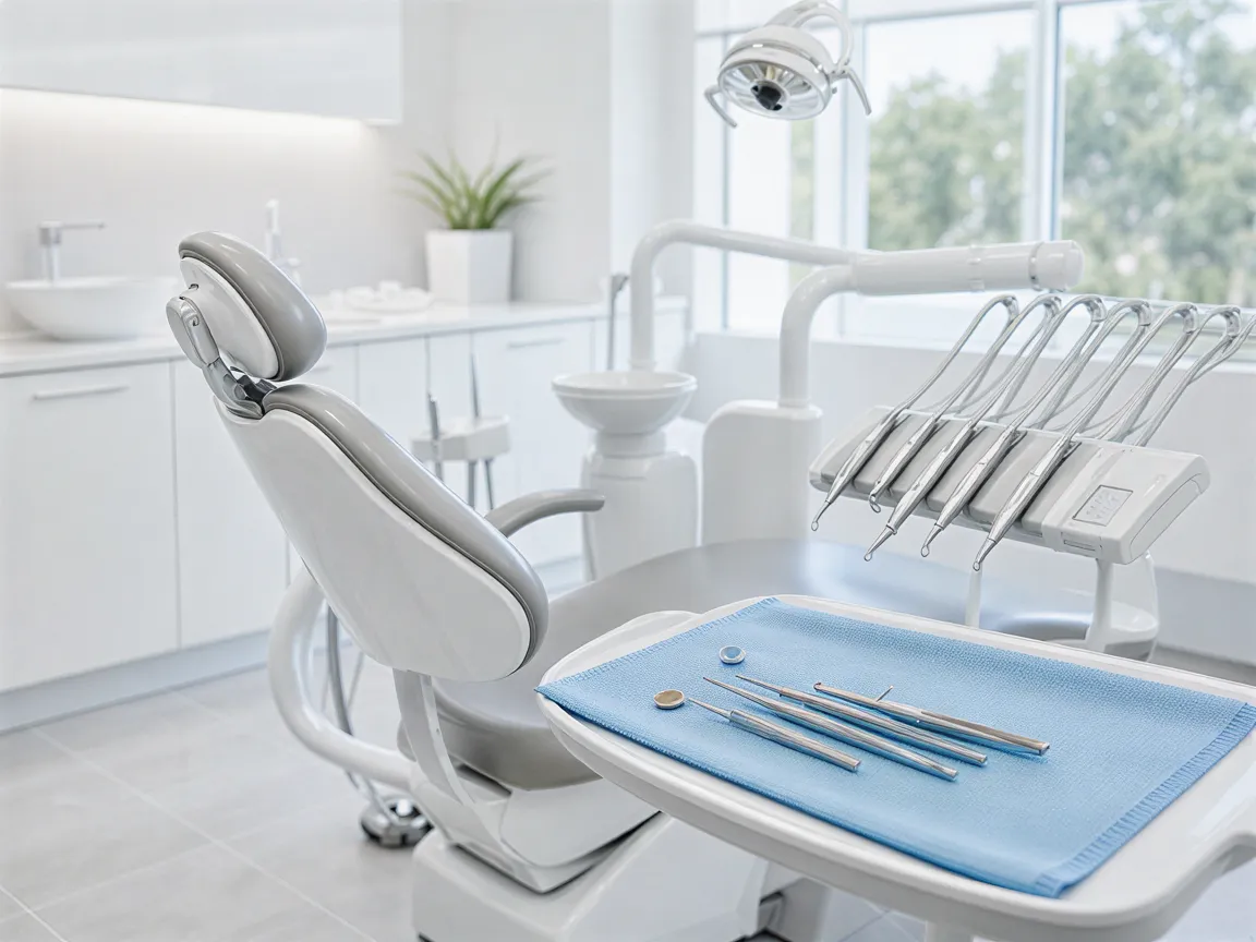 Ein moderner, minimalistischer Zahnarztbehandlungsraum mit leerem Patientenstuhl, sterilen Instrumenten und Tageslicht.