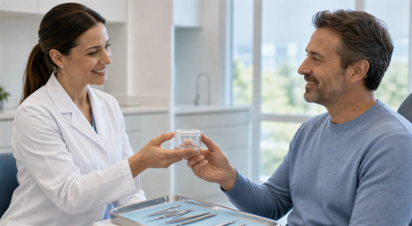 Eine Zahnärztin übergibt einem Patienten ein fertiges Zahnimplantat in einer modernen Praxis.