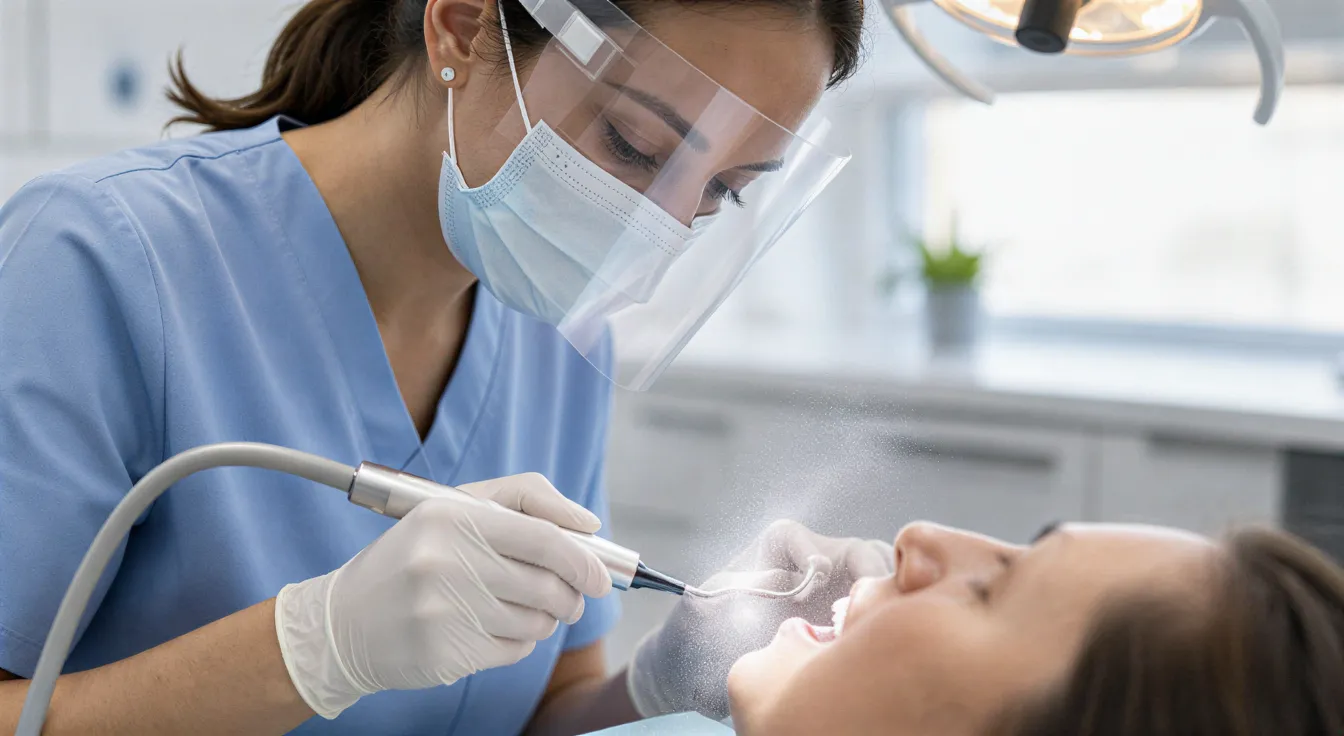 Eine Zahnhygienikerin führt mit einem Ultraschallscaler eine professionelle Zahnreinigung bei einem Patienten durch.