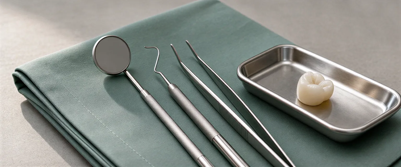 Sterile Zahnarztinstrumente und eine Keramikkrone liegen auf einem grünen Tuch in einer Behandlungszimmer.