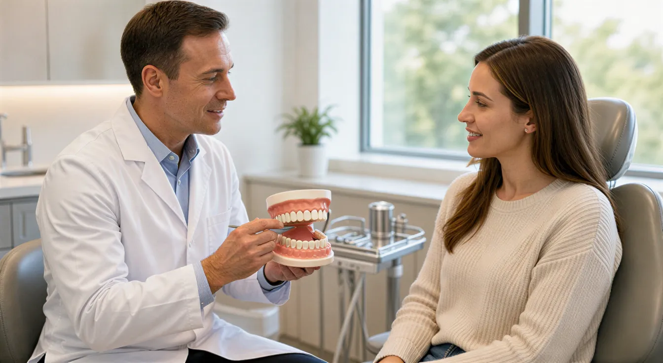 Ein Zahnarzt erklärt einem Patienten anhand eines Zahnmodells einen Eingriff in einem modernen Behandlungsraum.