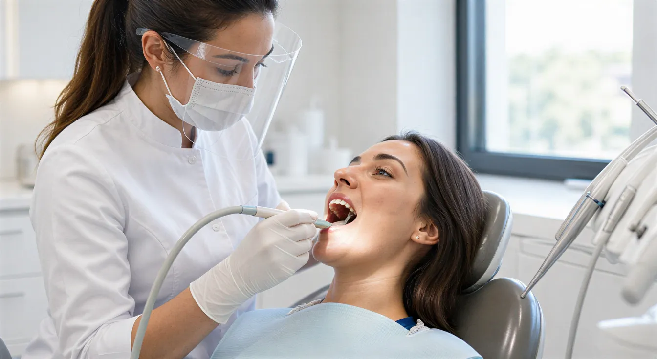 Eine Zahnärztin führt mit einem Ultraschallscaler eine professionelle Zahnreinigung an einem Patienten durch.