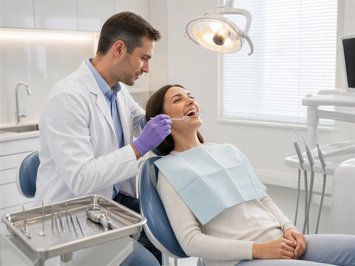Eine Zahnärztin in lila Handschuhen untersucht behutsam einen Patienten in einem modernen, sauberen Behandlungszimmer.