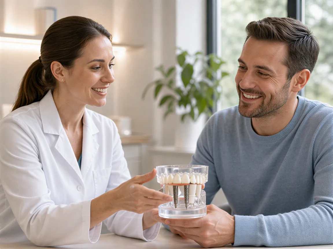 Eine Zahnärztin übergibt einem Patienten ein detailliertes Kiefermodell in einem hellen, modernen Behandlungsraum.