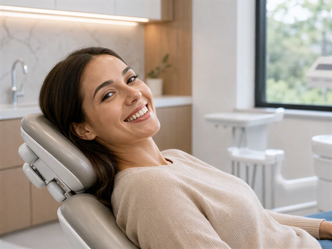 Eine Patientin lächelt entspannt in einem modernen, minimalistischen Behandlungsraum einer Zahnarztpraxis.