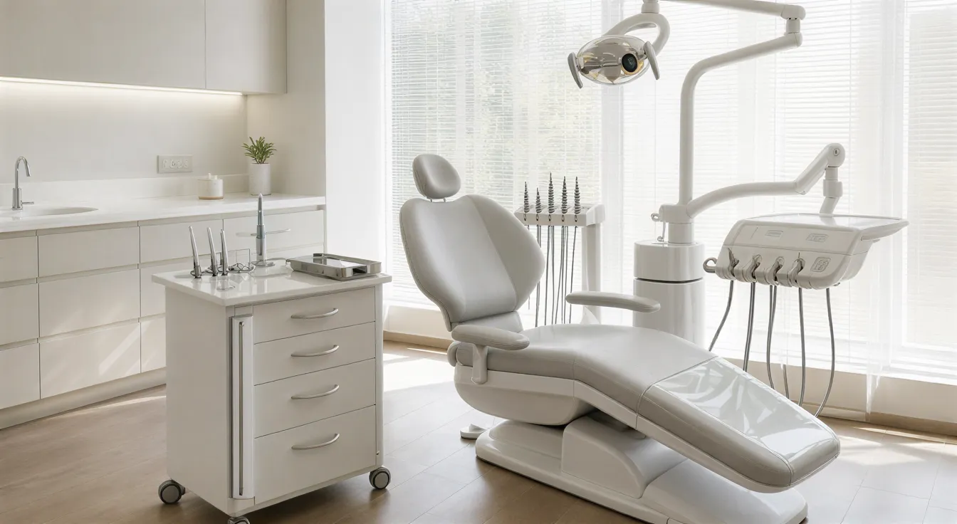 Ein moderner Zahnarztbehandlungsraum mit leerem Patientenstuhl, Instrumentenwagen und großem Fenster in ruhigem Tageslicht.