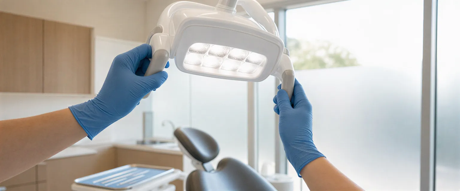 Zwei blaue Handschuhhände justieren eine moderne Zahnarztlampe über einem Behandlungssessel in einem hellen, sauberen