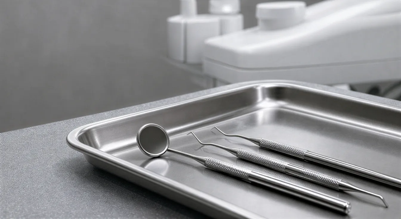 Ein vorbereitetes Zahnarzt-Instrumentenbesteck liegt ordentlich auf einem Tablett in einem sterilen Behandlungsraum.