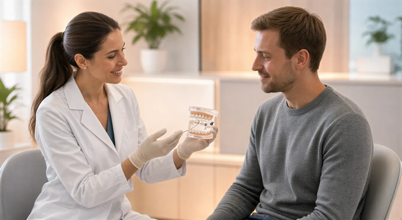Eine Zahnärztin erklärt einem Patienten einen Eingriff an einem transparenten Gebissmodell in einem hellen Behandlungsraum.