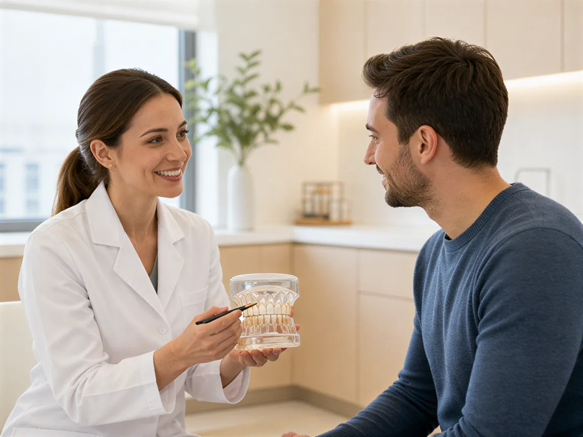 Eine Zahnärztin erklärt einem Patienten einen Eingriff anhand eines Kiefermodells in einer hellen Praxis.