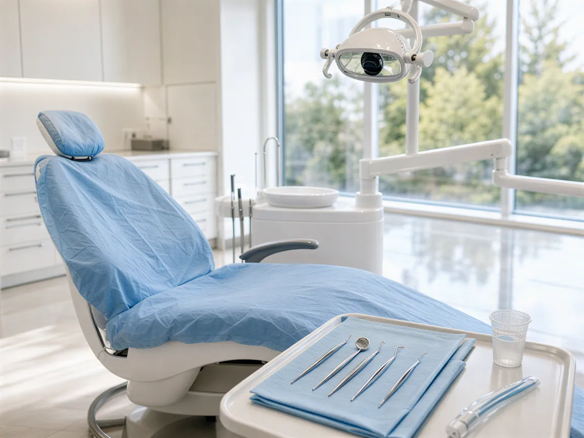 Ein leerer Zahnarztstuhl mit blauer Abdeckung und sterilen Instrumenten in einem hellen, modernen Behandlungsraum.