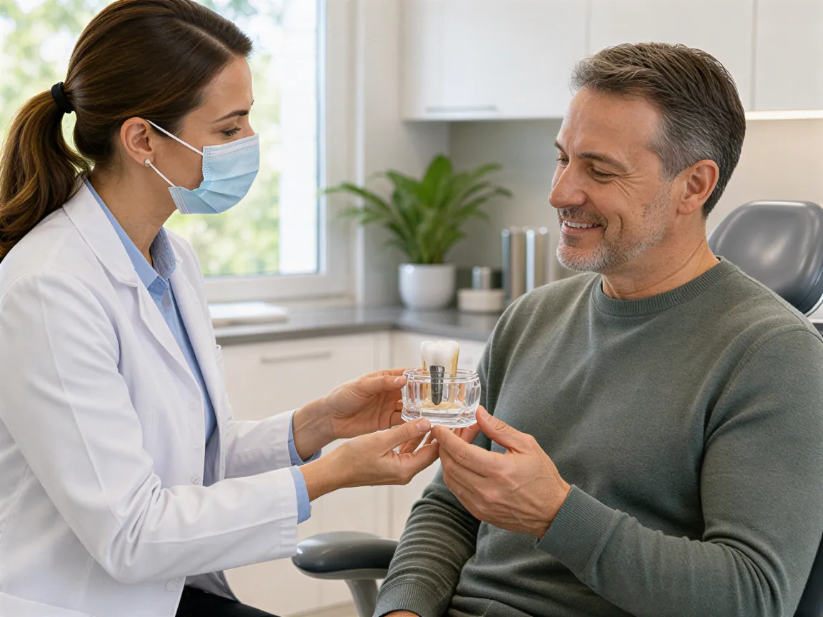 Eine Zahnärztin übergibt einem Patienten ein Modell eines Zahnimplantats in einer modernen Praxis.