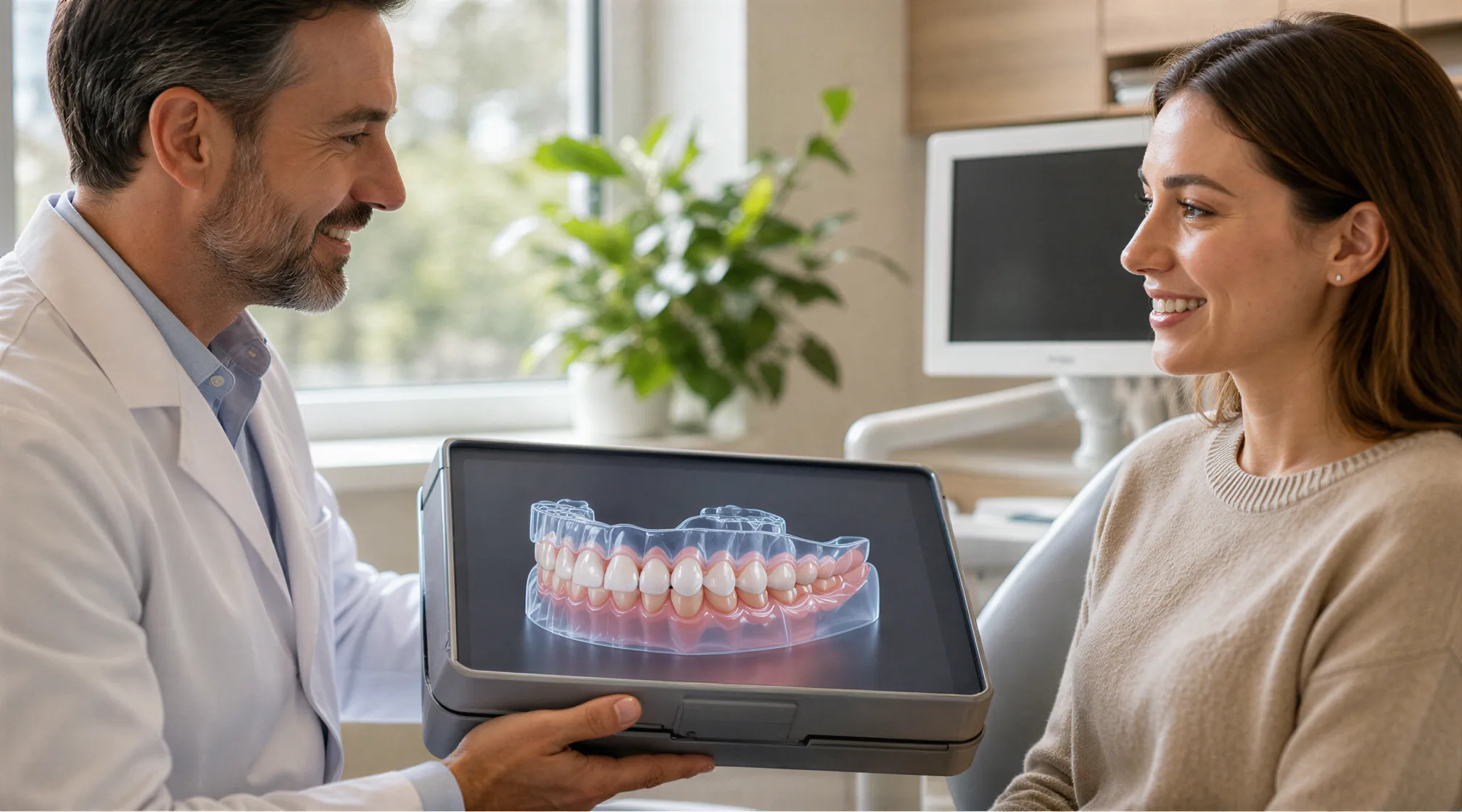 Eine Zahnärztin zeigt einem Patienten ein 3D-Zahnscanmodell in einem modernen, ruhigen Behandlungsraum.