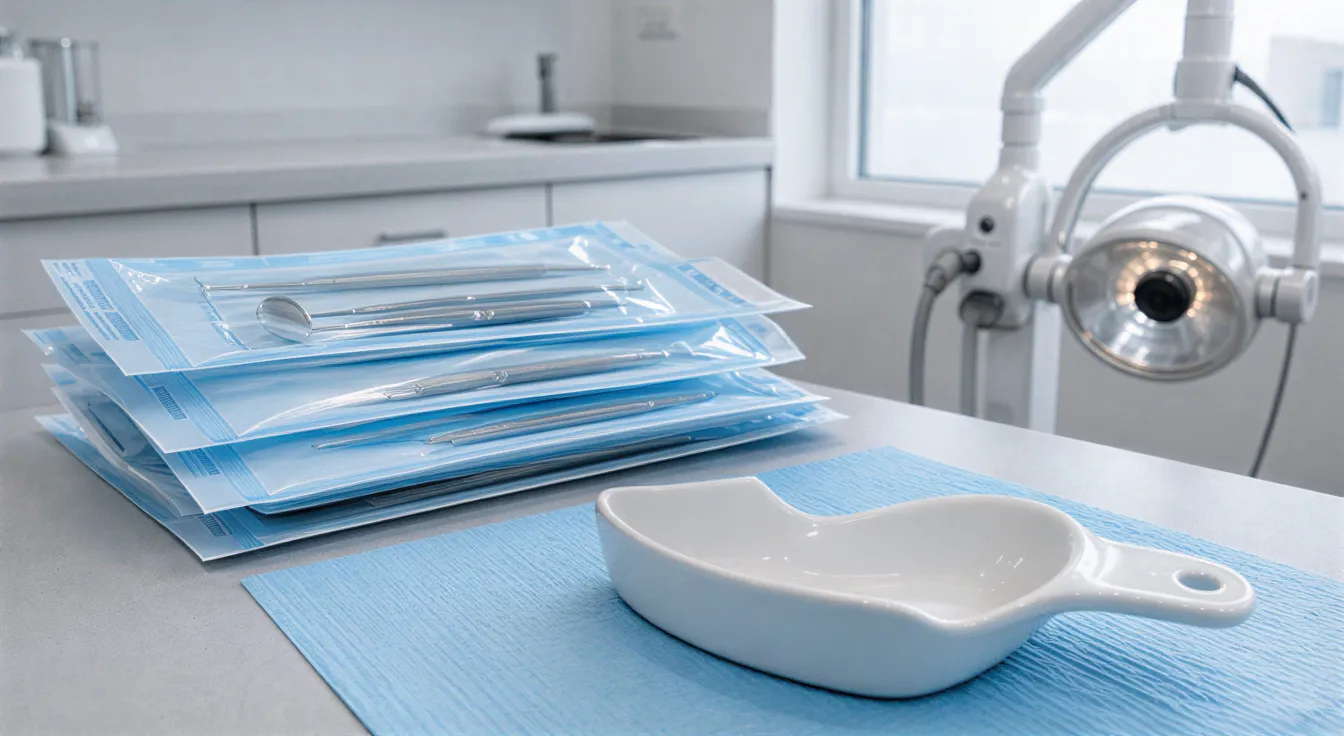 Ein sauberer, unbenutzter Zahnarztbehandlungsraum mit steril verpackten Instrumenten und einer Porzellan-Abdrucklöffel.