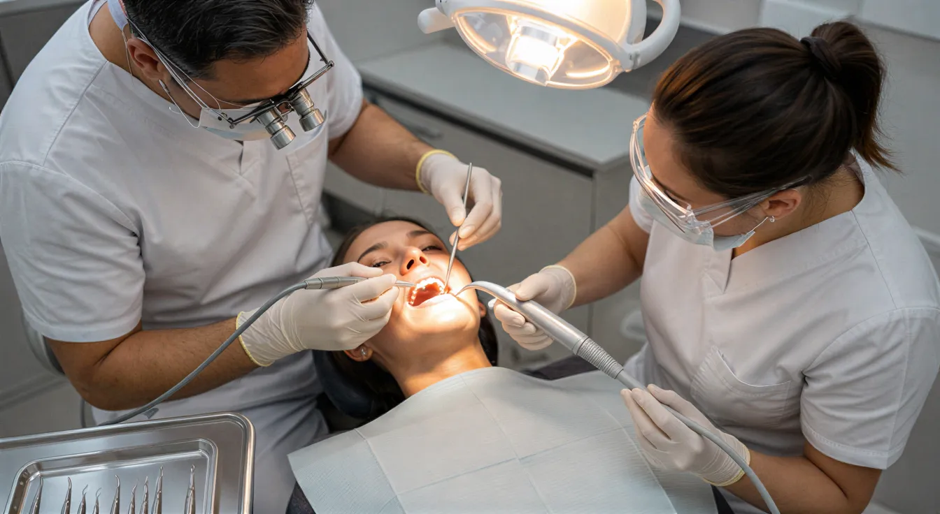 Eine Zahnärztin und eine Dentalhygienikerin führen eine professionelle Zahnreinigung an einem Patienten durch.