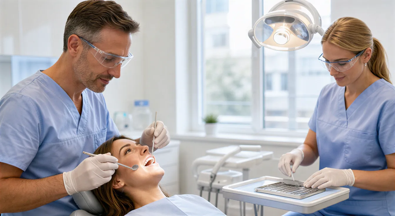 Ein Zahnarzt und eine Dentalhygienikerin untersuchen einen Patienten in einem modernen Behandlungszimmer.