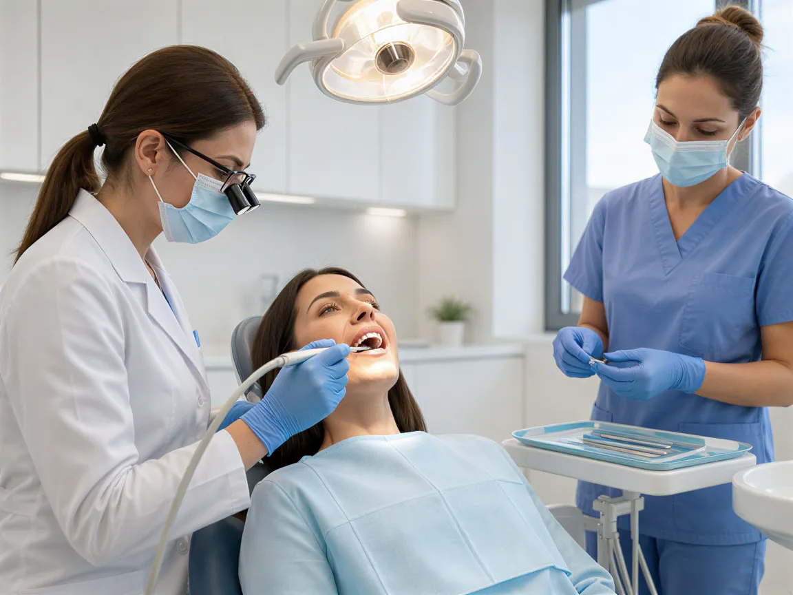 Eine Zahnärztin und eine Hygienikerin führen eine professionelle Zahnreinigung bei einer entspannten Patientin in einem