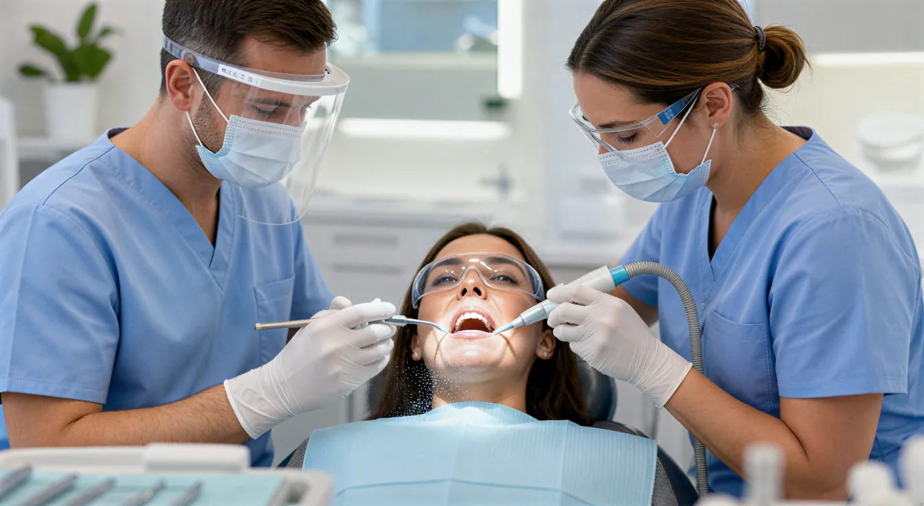 Eine Zahnärztin und eine Assistentin führen eine professionelle Zahnreinigung bei einer entspannten Patientin durch.