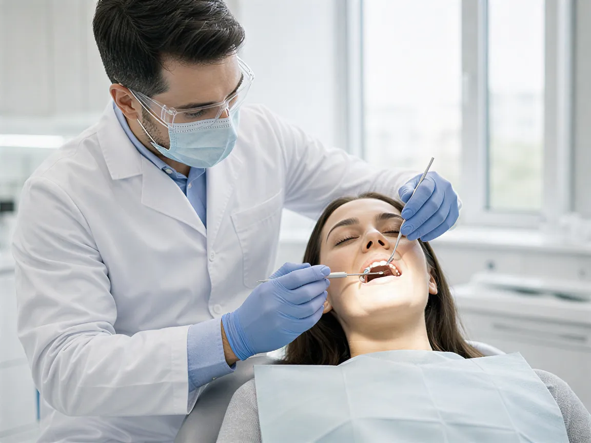 Ein Zahnarzt untersucht mit Instrumenten die Zähne eines entspannten Patienten im modernen Behandlungszimmer.