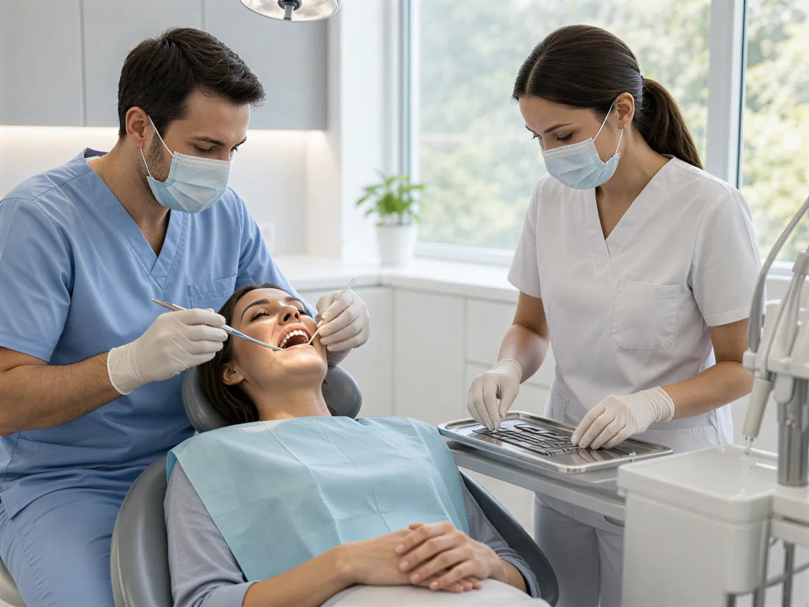 Ein Zahnarzt und eine Assistentin untersuchen einen Patienten in einem modernen, hellen Behandlungszimmer.