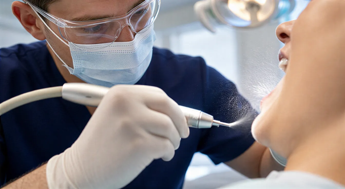 Eine Zahnärztin führt mit Instrument und Wasserspray eine professionelle Zahnreinigung an einem Patienten durch.
