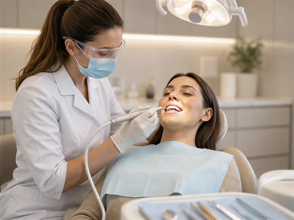 Eine Zahnärztin führt mit einem modernen Ultraschallscaler eine professionelle Zahnreinigung an einem Patienten durch.
