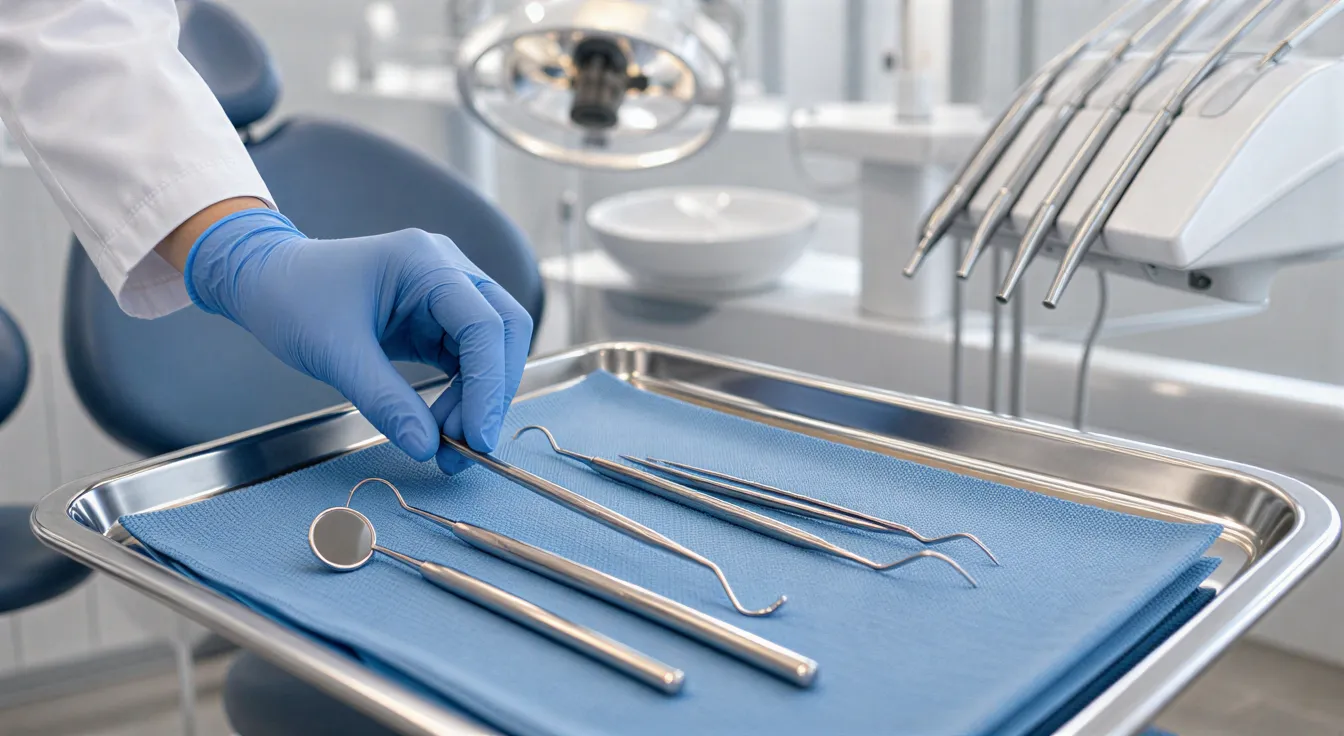 Eine Zahnärztin legt sterile Instrumente auf ein Tablett in einem modernen Behandlungszimmer.