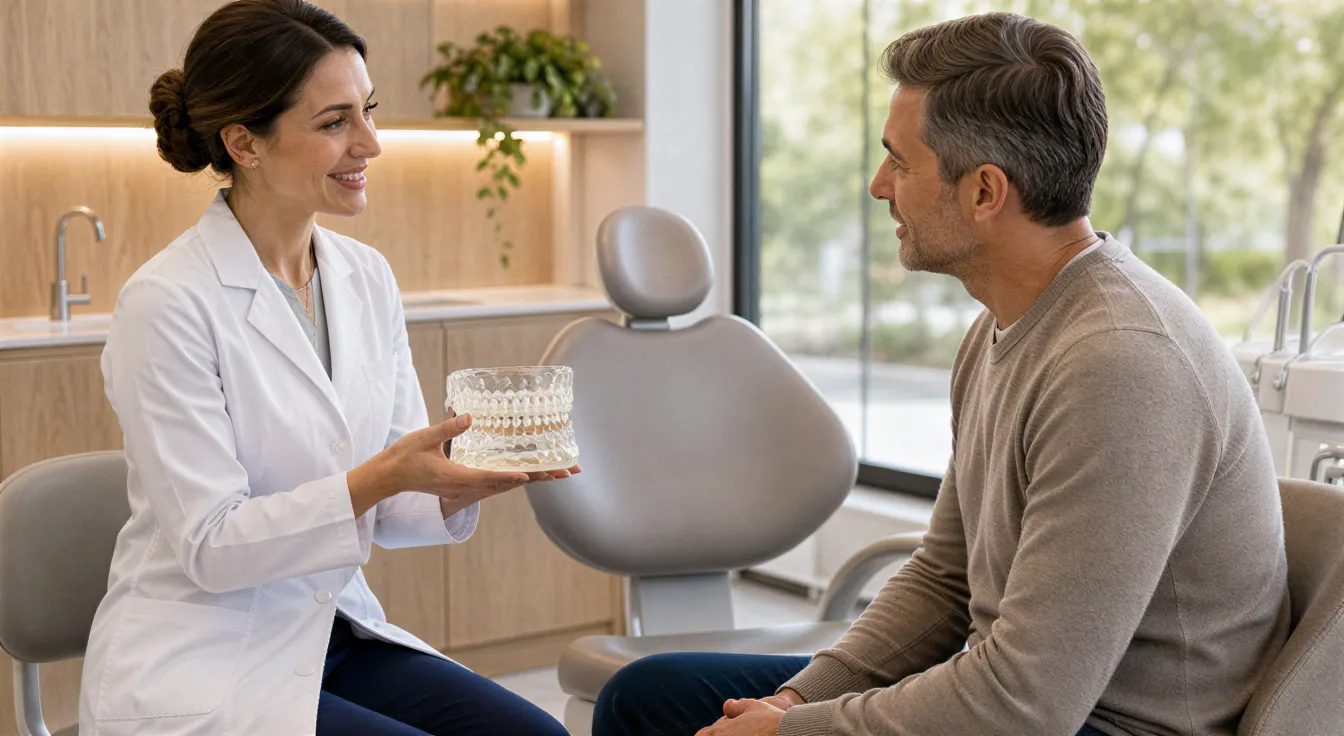 Eine Zahnärztin erklärt einem Patienten anhand eines transparenten Zahnmodells in einer modernen Praxis.