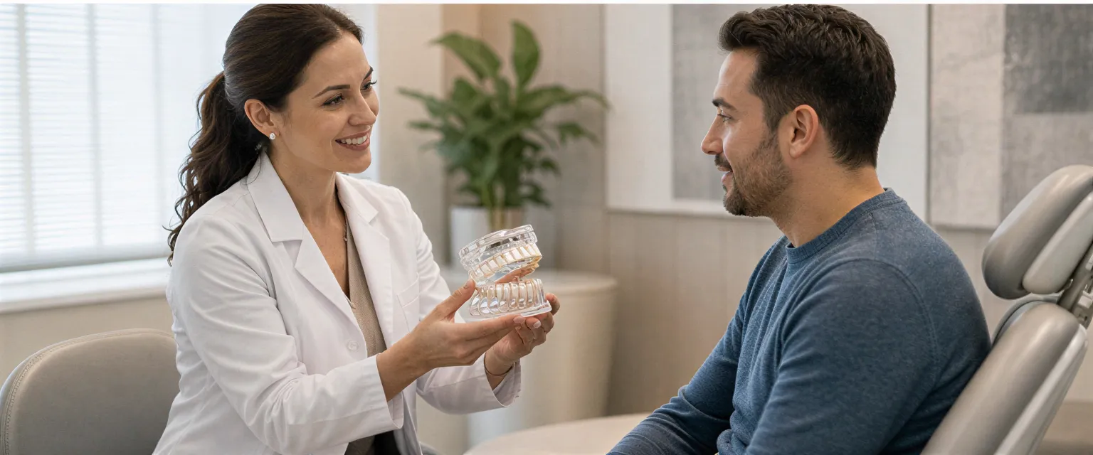 Eine Zahnärztin zeigt einem Patienten ein transparentes Kiefermodell in einem hellen, modernen Behandlungsraum.