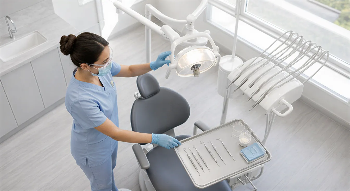 Eine Zahnärztin bereitet in einem modernen Behandlungszimmer den Patientenstuhl und die Instrumente vor.