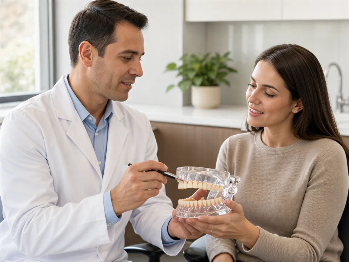 Eine Zahnärztin erklärt einem Patienten anhand eines Kiefermodells einen zahnärztlichen Eingriff.