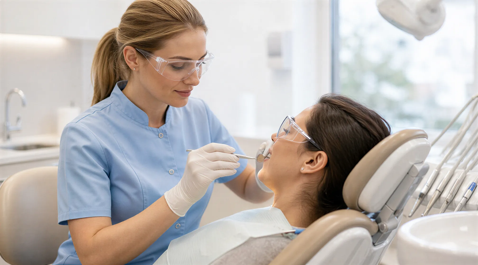 Eine Zahnärztin untersucht behutsam die Zähne eines Patienten in einem modernen, hellen Behandlungsraum.