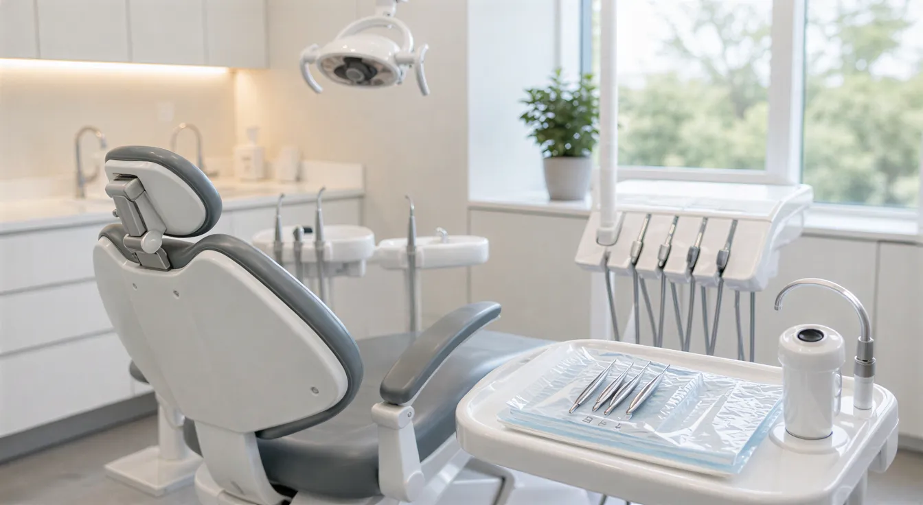 Ein moderner, leerer Zahnarztstuhl mit einem sterilen Instrumententisch in einem klinisch sauberen Behandlungsraum.