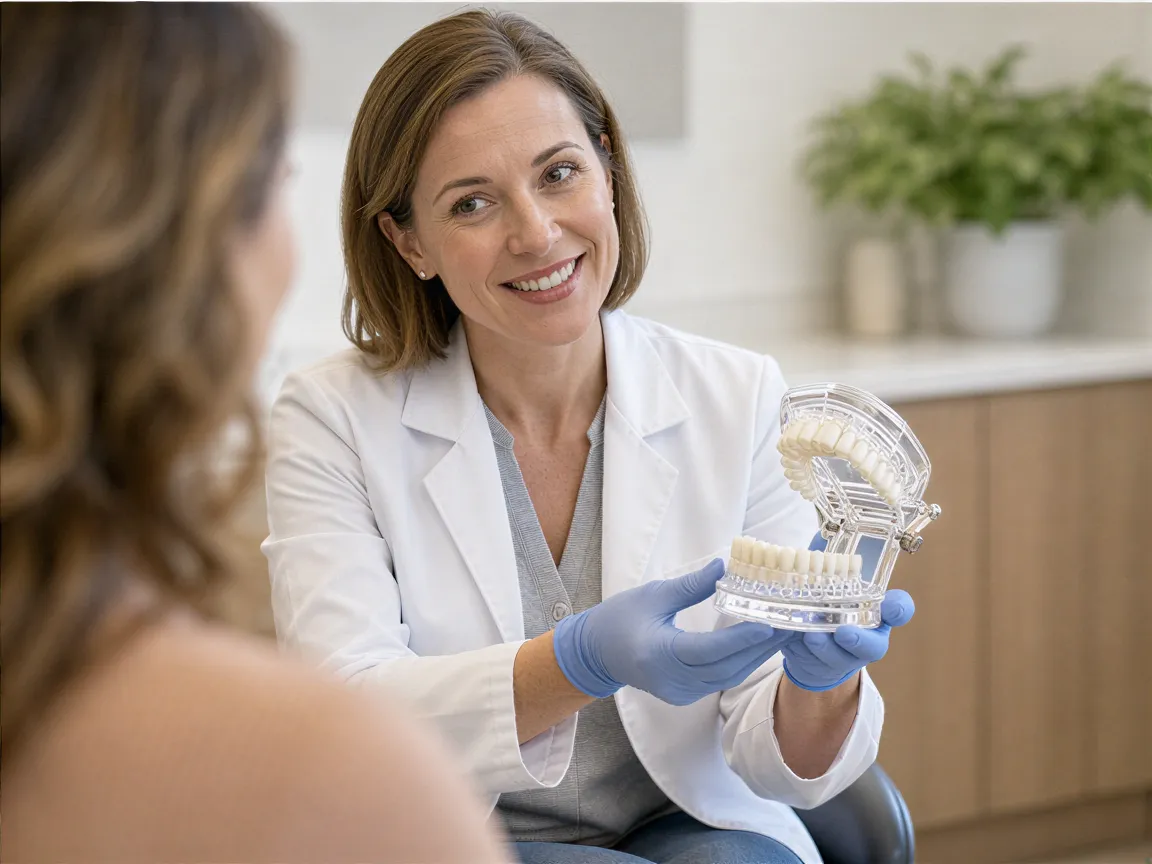 Eine Zahnärztin zeigt einem Patienten ein detailliertes 3D-Modell eines Kiefers in einer modernen Praxis.