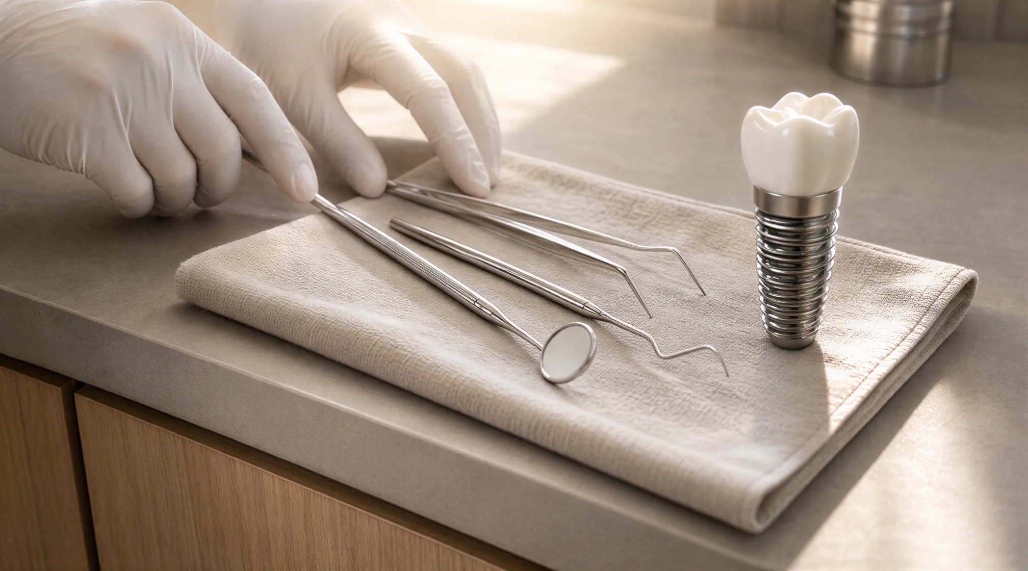 Gloved Hände ordnen präzise Dentalinstrumente auf einem minimalistischen Behandlungstisch.