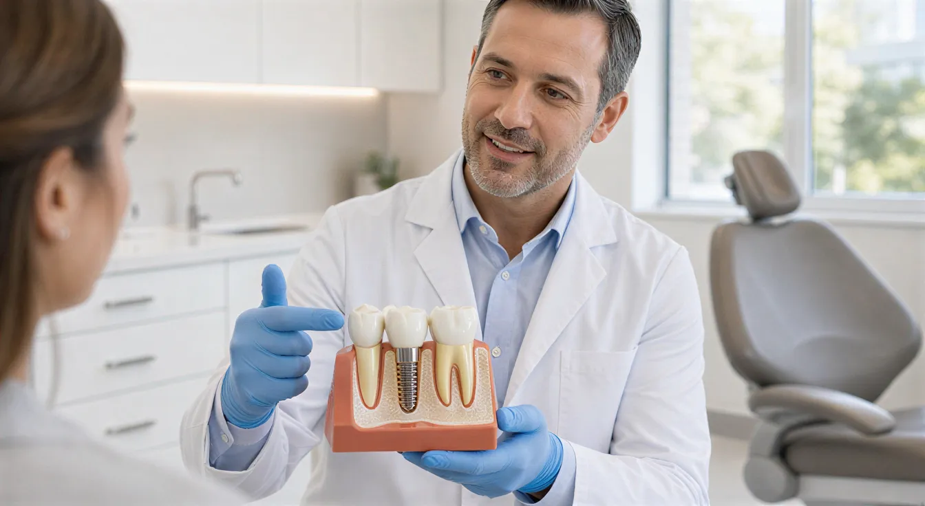 Eine Zahnärztin erklärt an einem detailgetreuen Gebissmodell mit Implantat und Krone in einem modernen Behandlungsraum.