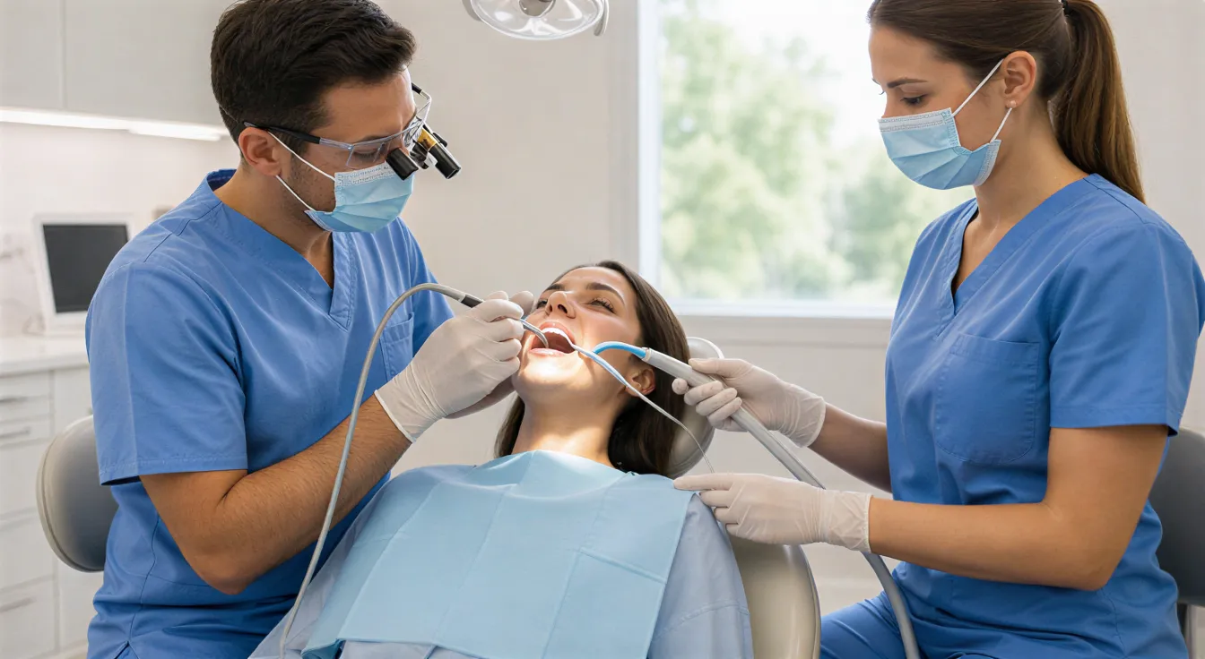Ein Zahnarzt und eine Dentalhygienikerin führen eine professionelle Zahnreinigung bei einem Patienten durch.