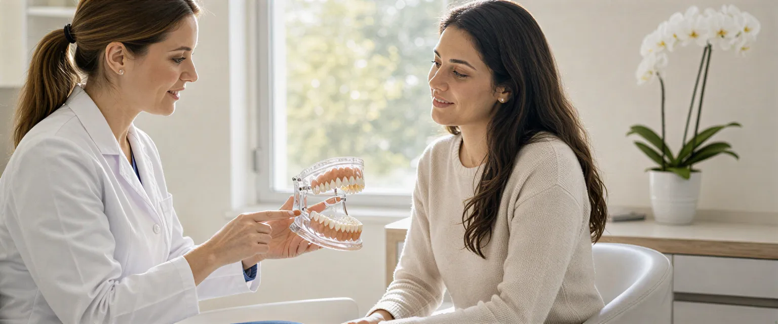 Eine Zahnärztin erklärt einem Patienten mit einem transparenten Gebissmodell eine Behandlung in einem hellen Behandlungsraum.