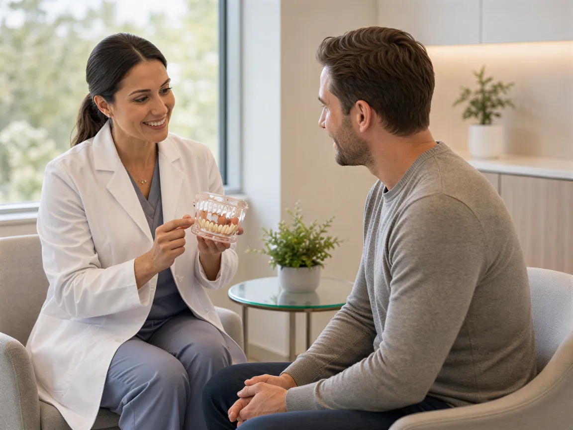 Eine Zahnärztin erklärt einem Patienten einen Eingriff an einem Zahnmodell in einem hellen Behandlungsraum.