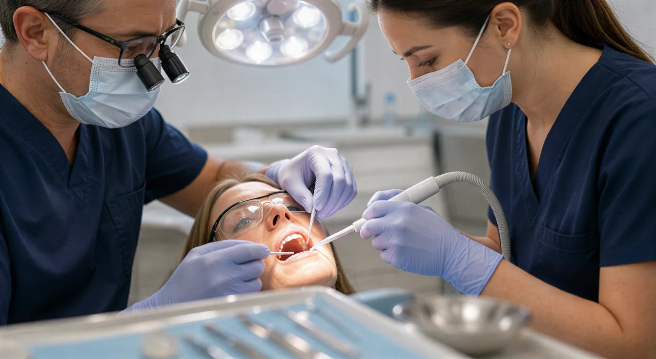 Eine Zahnärztin und eine Dentalhygienikerin führen eine professionelle Zahnreinigung an einer entspannten Patientin durch.