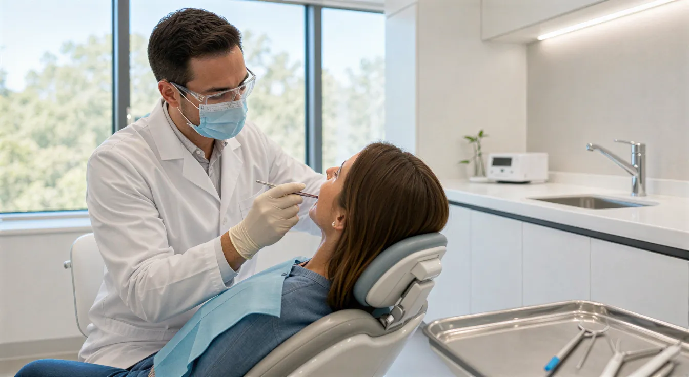 Eine Zahnärztin untersucht konzentriert die Zähne einer entspannten Patientin in einem hellen, modernen Behandlungszimmer.